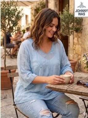 Johnny Was Blue Embroidered Eyelet Boho Tunic - Size 1X